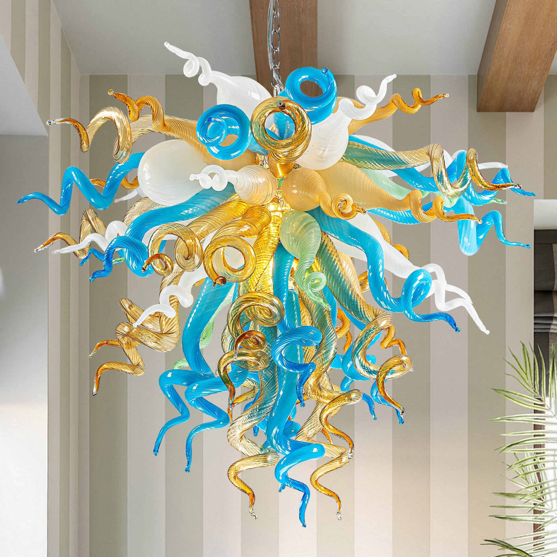 Detailed shots of the unique hand blown glass chandelier: swirling tendrils, smooth curves, and varied textures.