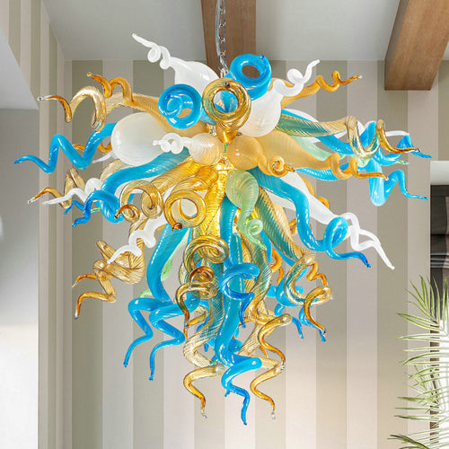 Detailed shots of the unique hand blown glass chandelier: swirling tendrils, smooth curves, and varied textures.