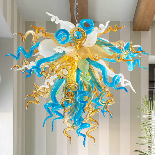 Detailed shots of the unique hand blown glass chandelier: swirling tendrils, smooth curves, and varied textures.