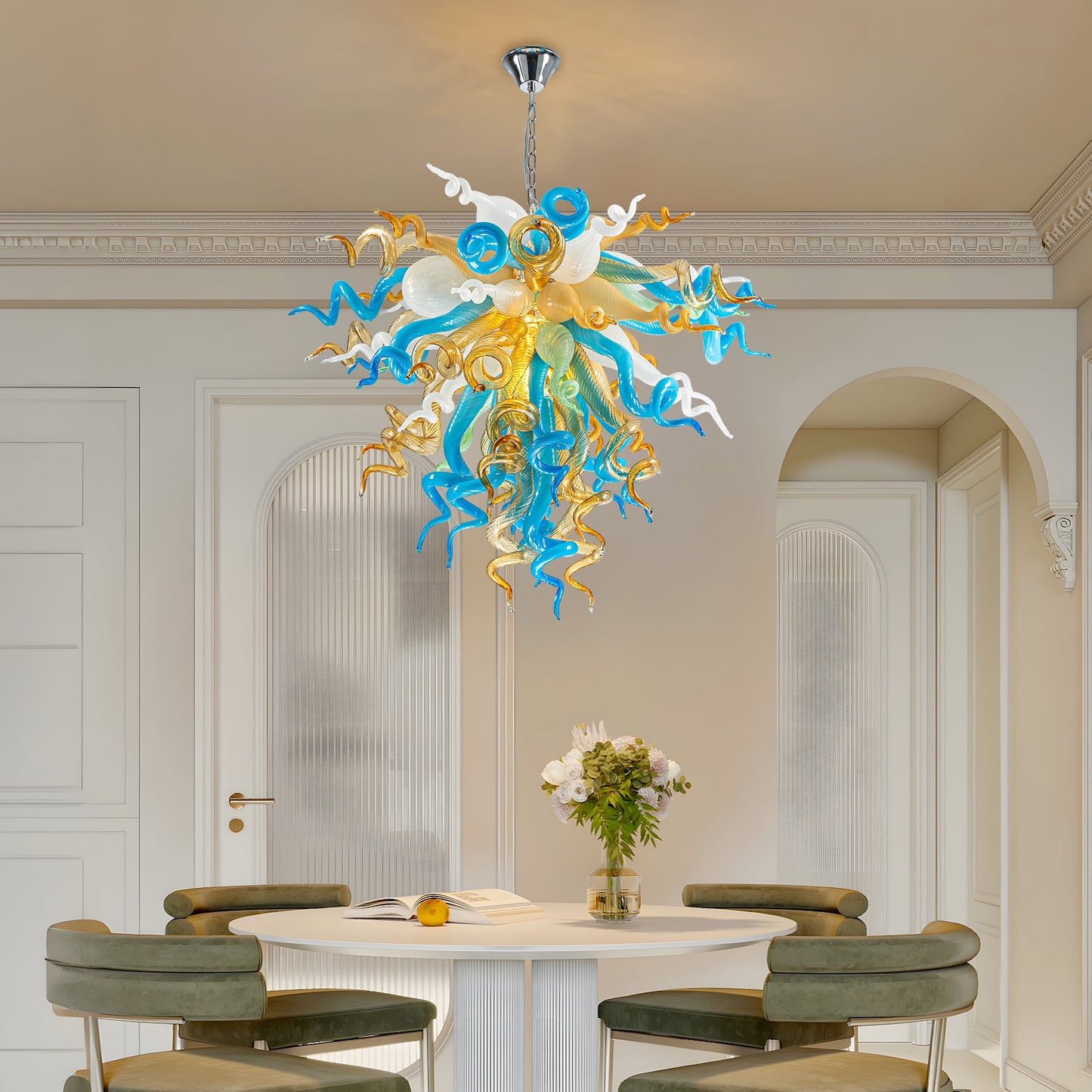 Dazzling Chihuly-style hand blown glass chandelier with a harmonious blue, gold, and white color palette.