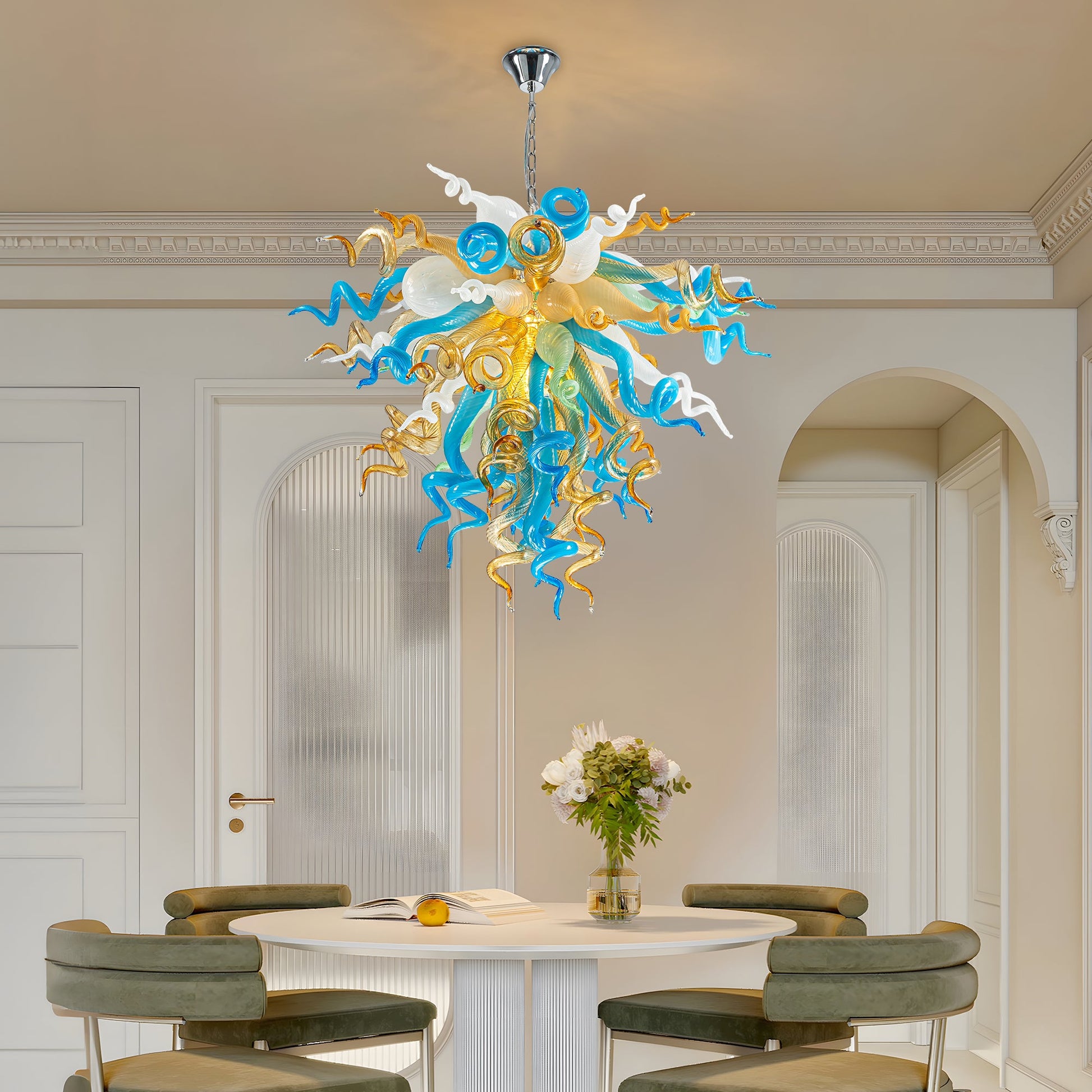 Dazzling Chihuly-style hand blown glass chandelier with a harmonious blue, gold, and white color palette.