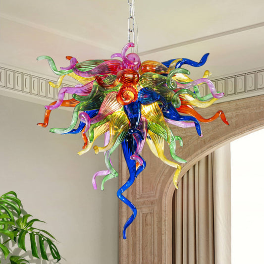Close-up of a unique artistic chandelier made from colorful hand-blown glass elements.