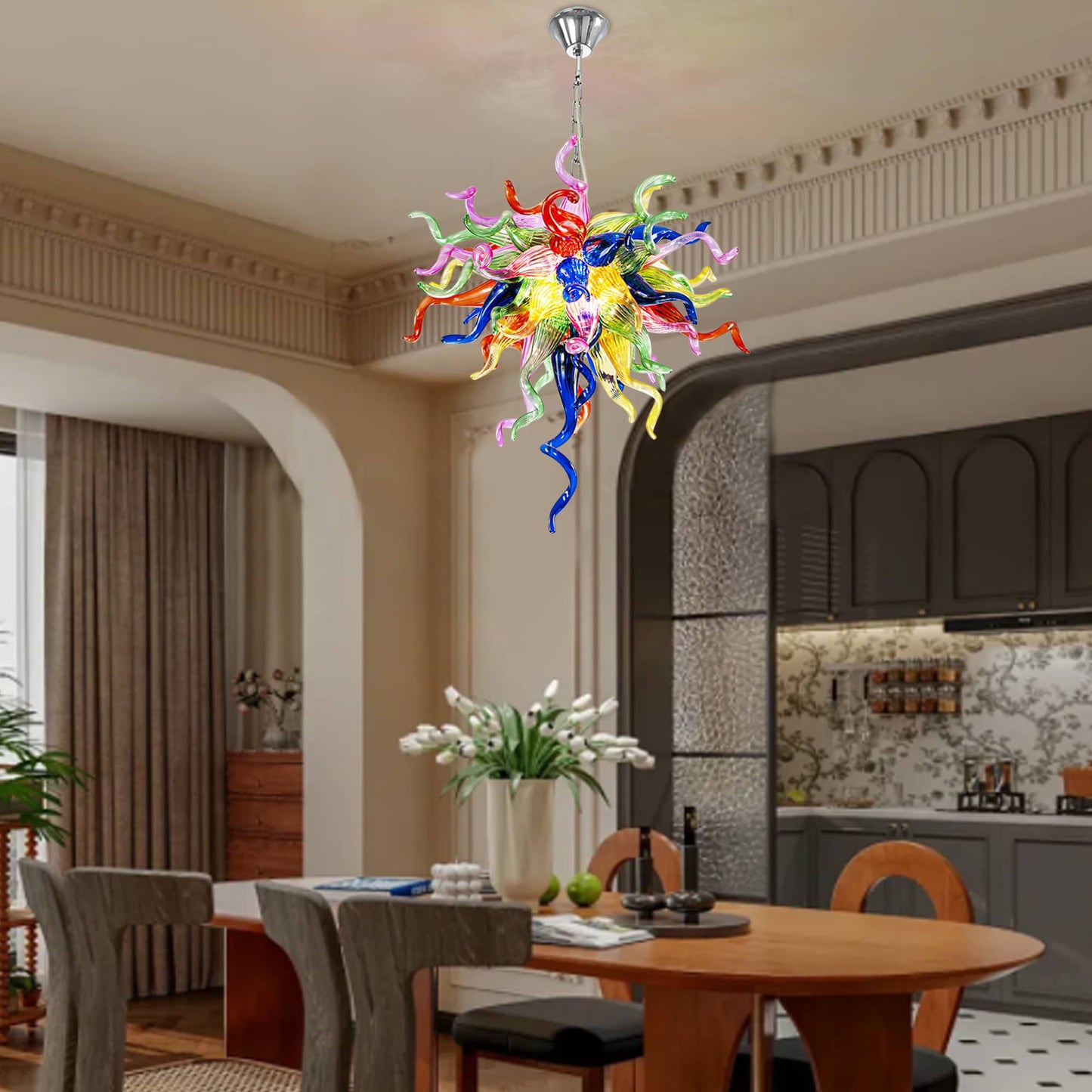 Artistic ceiling light fixture made of premium hand-blown glass, designed for visual impact.