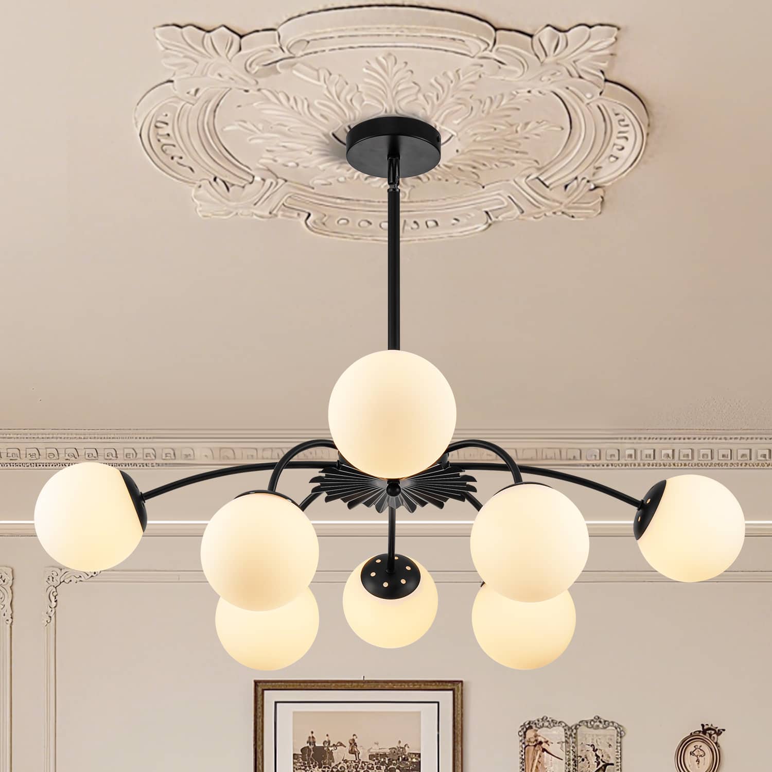 Black 8-light bubble ball chandelier with white frosted glass shades in traditional room with ceiling medallion.