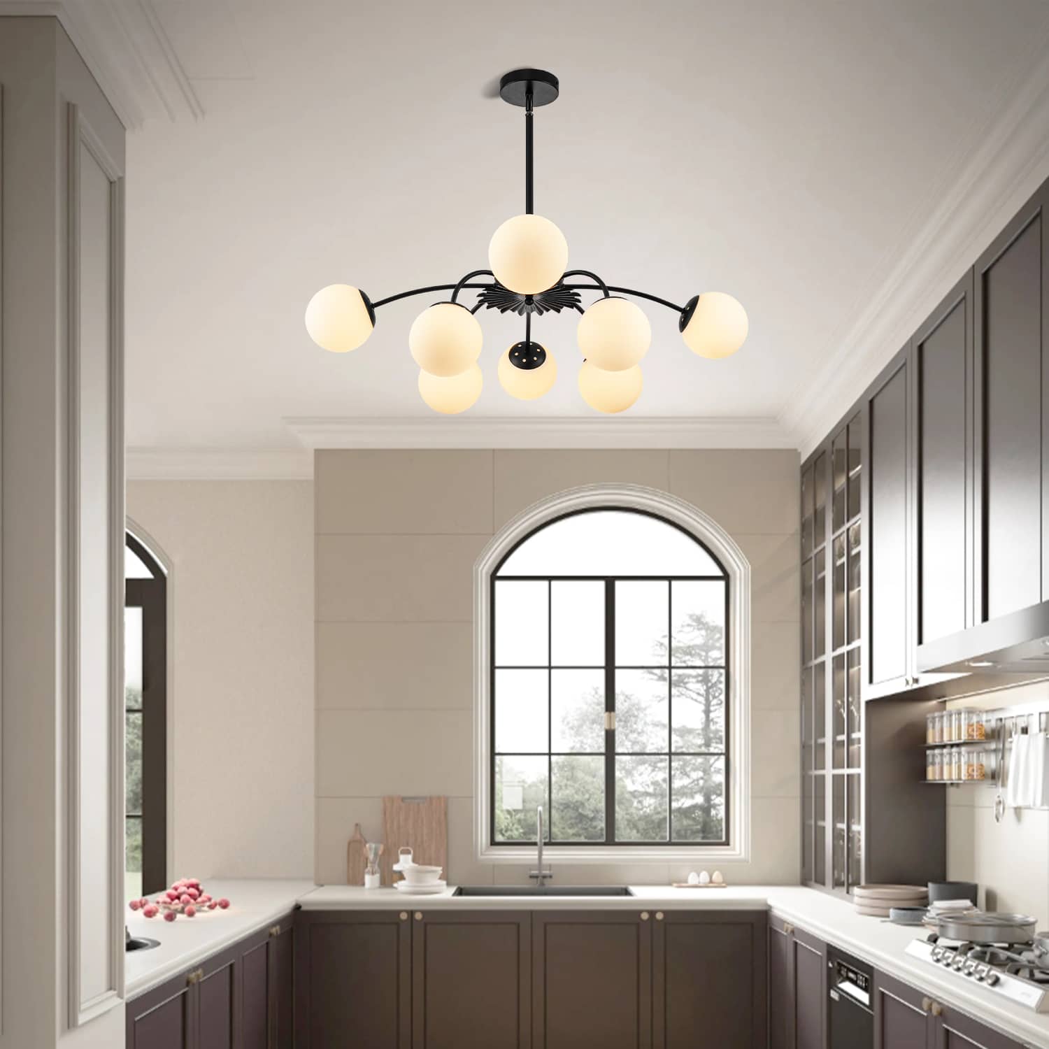 8-Light black frosted glass bubble globe chandelier in dark cabinet kitchen with arched window.