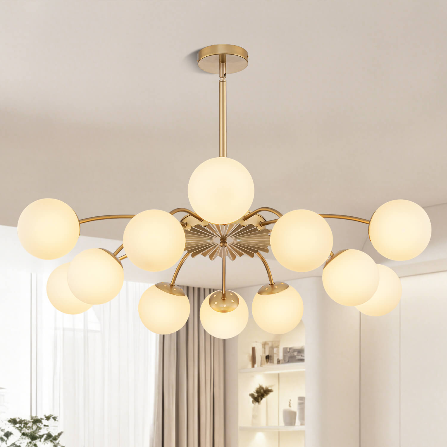 Close-up of the 8-light modern frosted glass bubble gold globe chandelier against a minimalist ceiling.