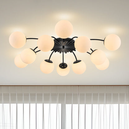 12-Light black ball semi-flush mount ceiling light in modern living room with clear curtains.