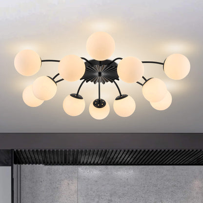12-Light black glass globe semi-flush mount ceiling light in modern bedroom with dark accent wall.