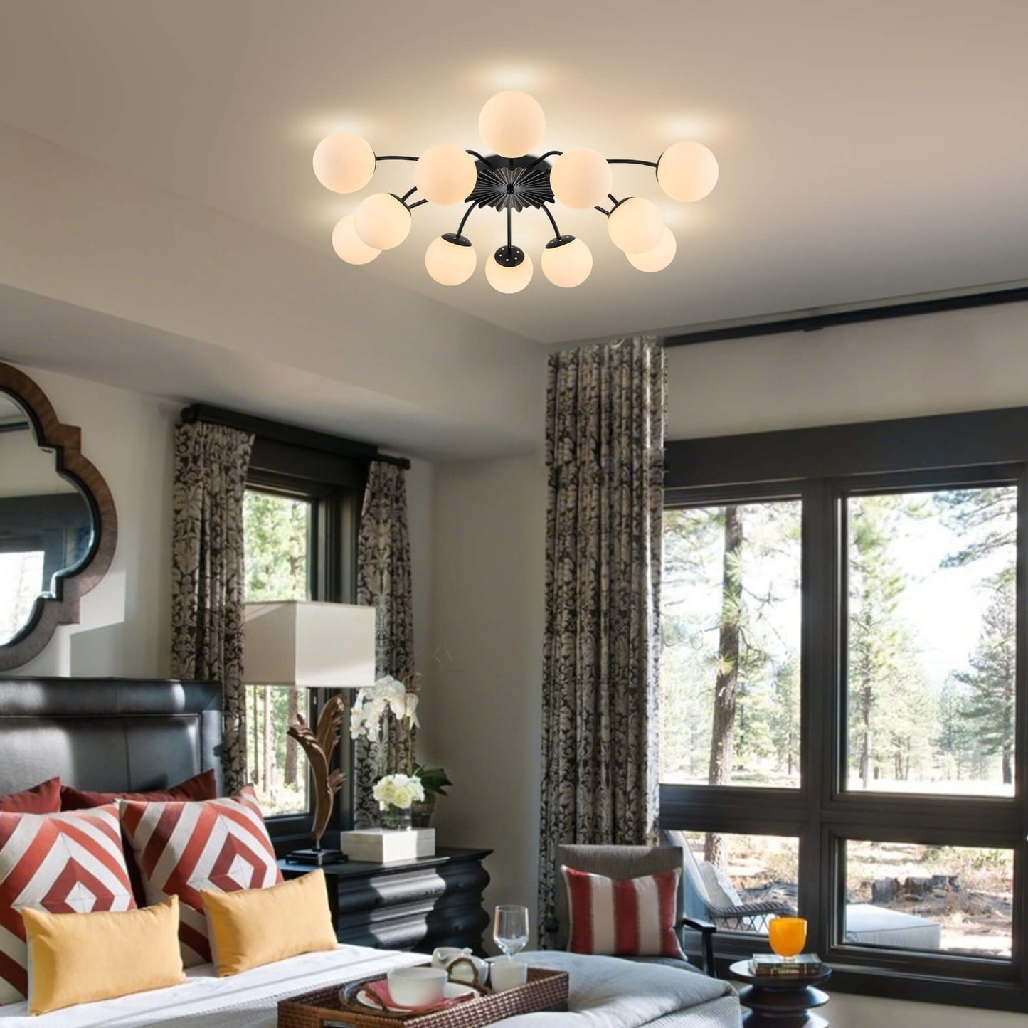 12-Light black frame frosted glass globe semi-flush mount ceiling light in cozy bedroom.