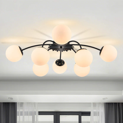Contemporary black 8-light globe semi-flush mount ceiling light in airy living room.