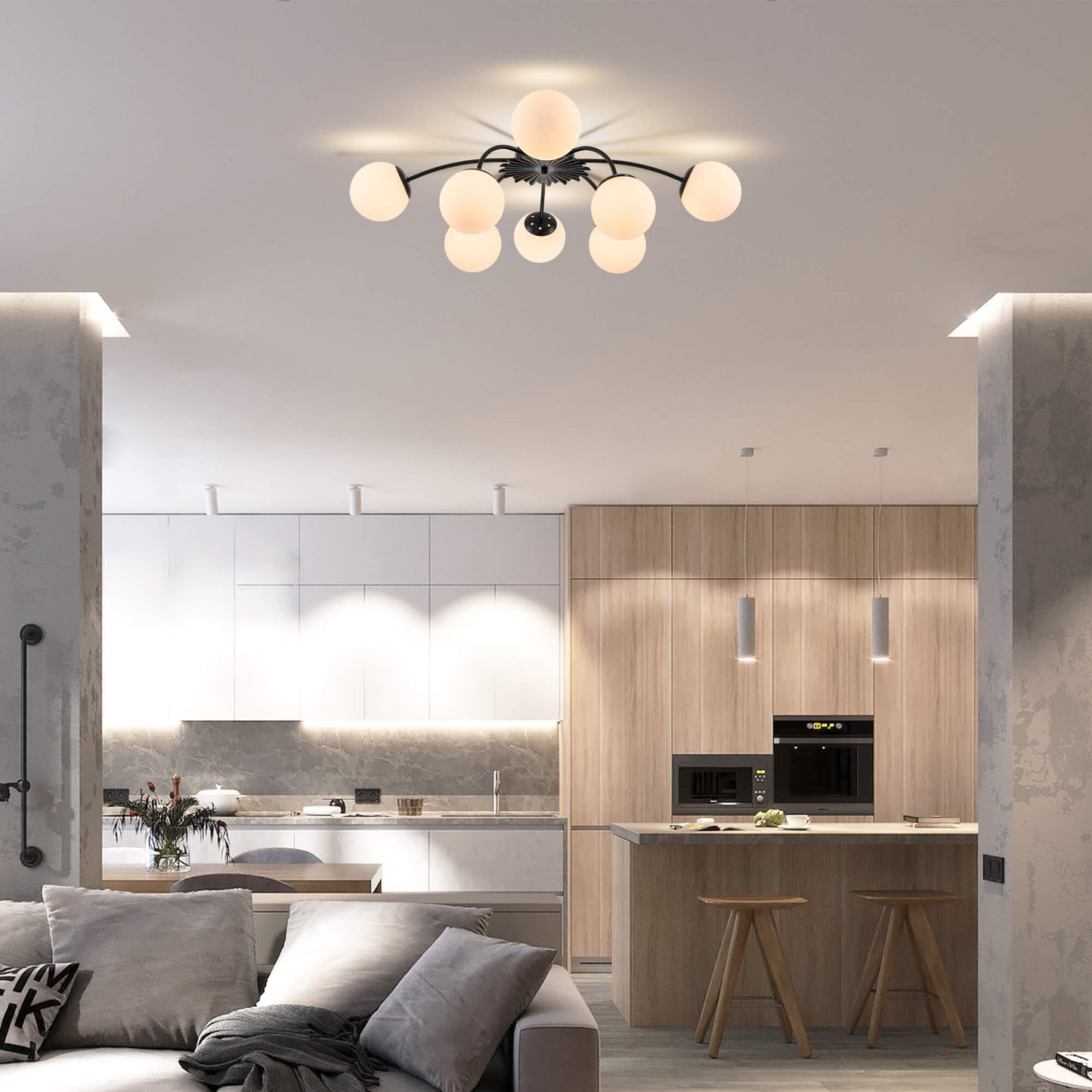 8-Light black globe semi-flush mount ceiling light in bright living space.