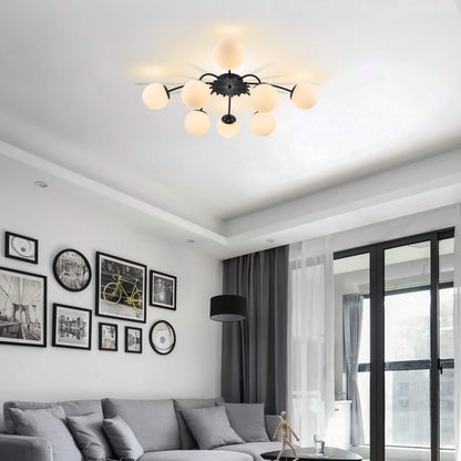 8-Light black ball semi-flush mount ceiling light in modern living room with dark curtains.