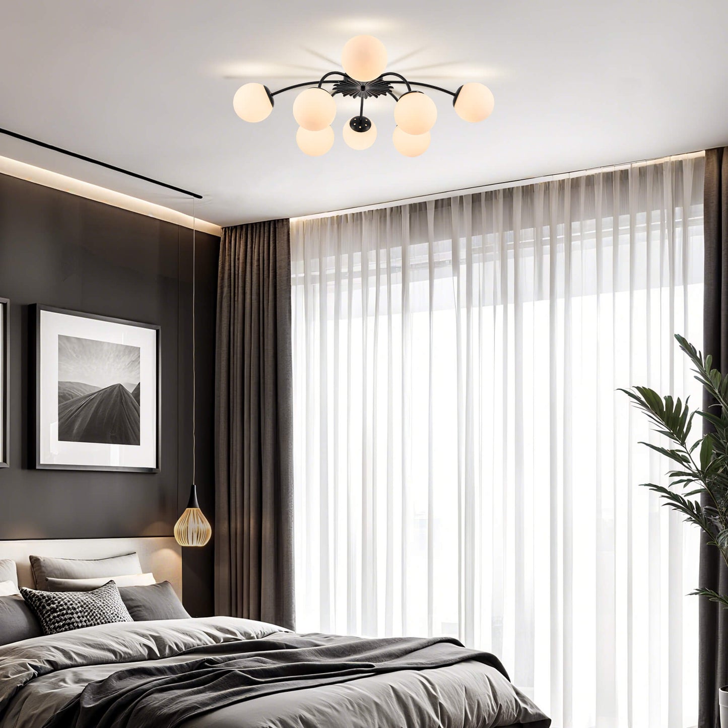 Black 8-light bubble semi-flush mount ceiling light in dark-toned bedroom.