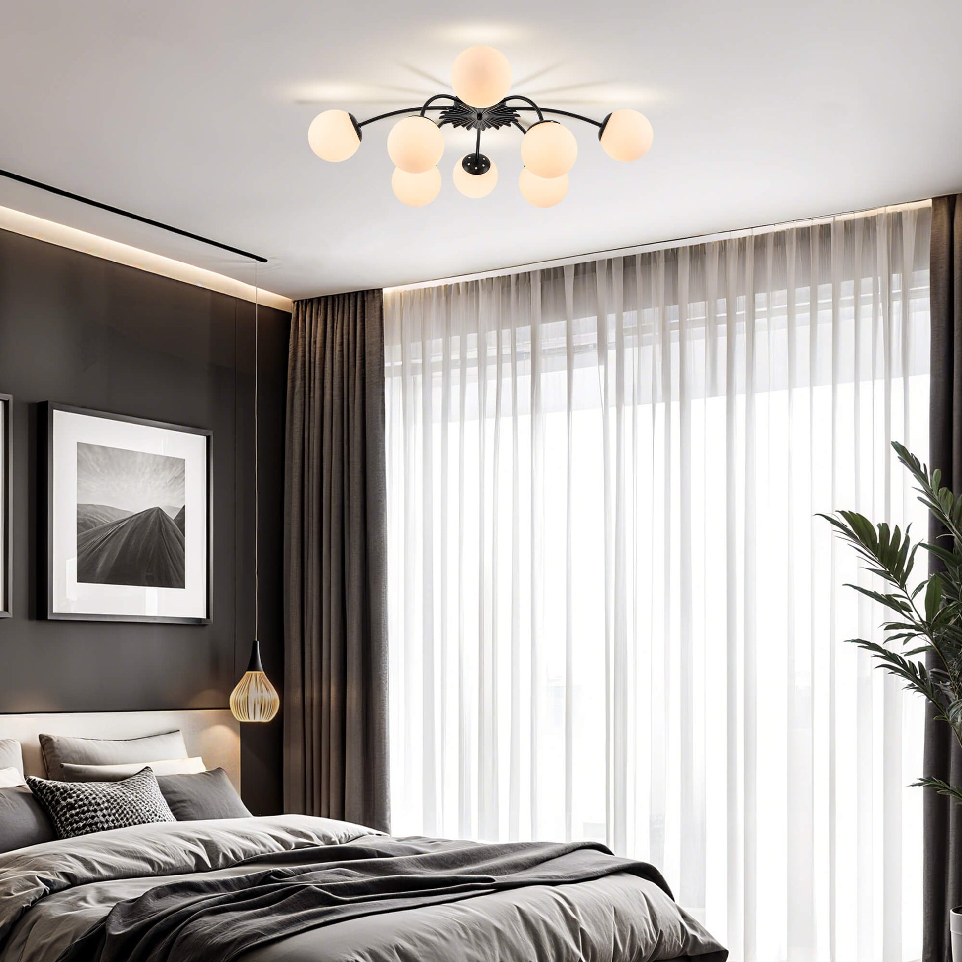 Black 8-light bubble semi-flush mount ceiling light in dark-toned bedroom.