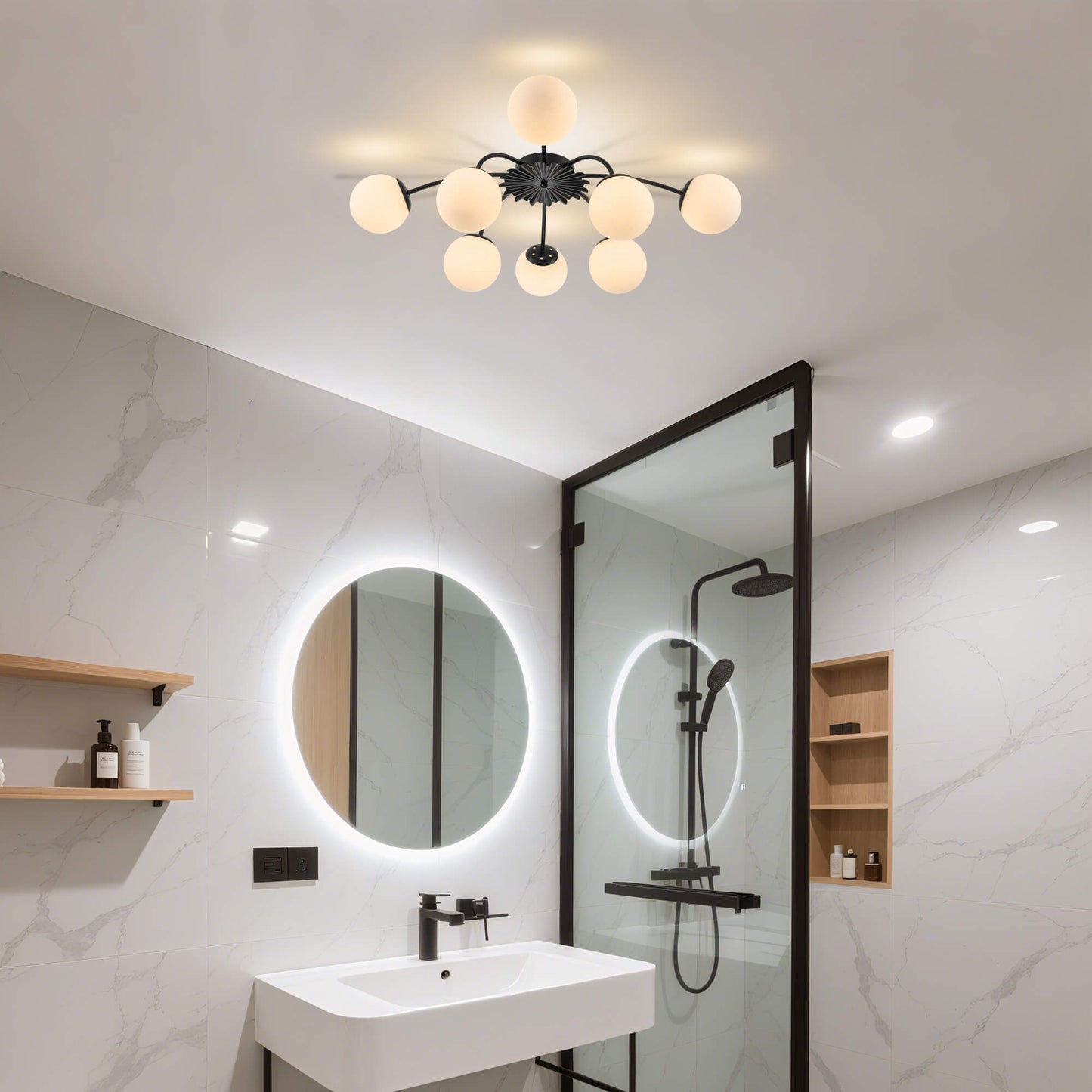 Modern 8-light black bubble semi-flush mount ceiling light in contemporary bathroom.
