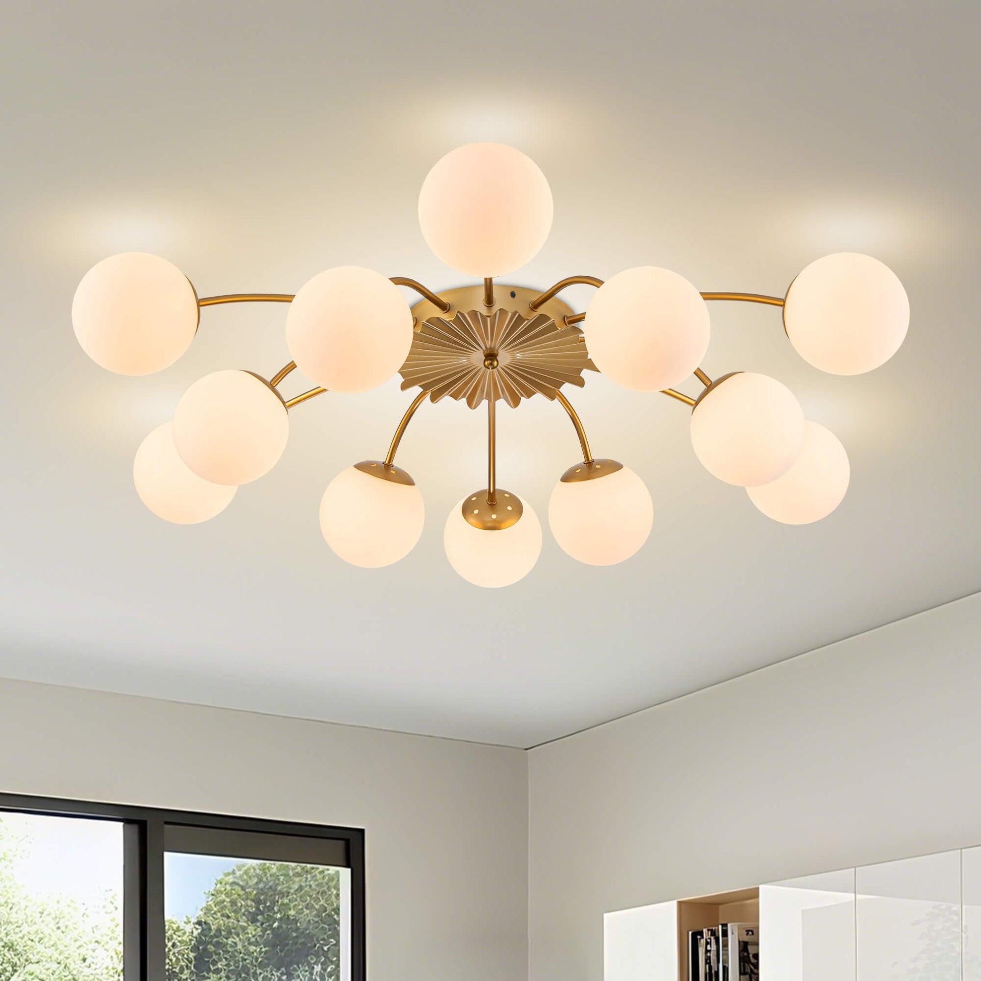 Detail shot of the gold semi-flush mount ceiling light featuring twelve frosted glass globes.