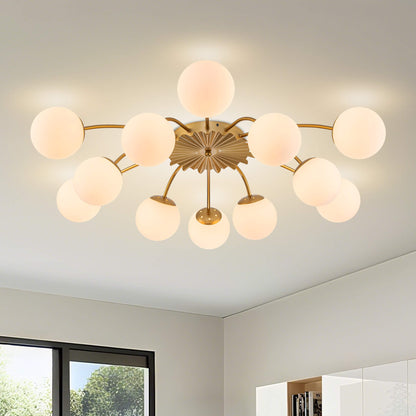Detail shot of the gold semi-flush mount ceiling light featuring twelve frosted glass globes.