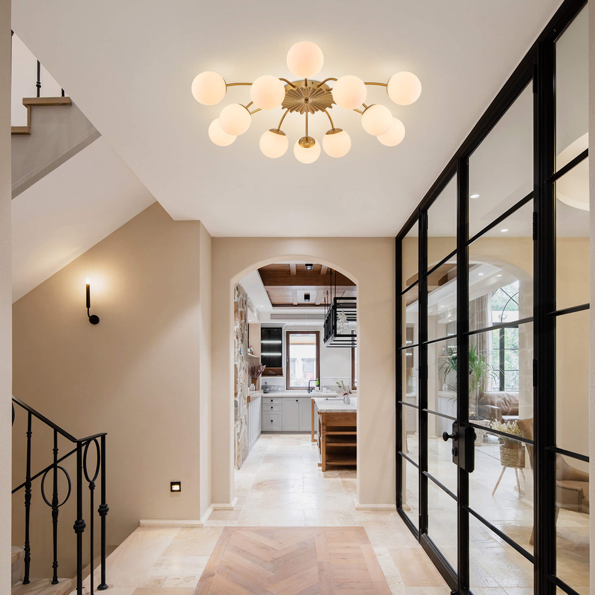 12-Light gold globe semi-flush mount ceiling light with frosted shades in bright hallway.