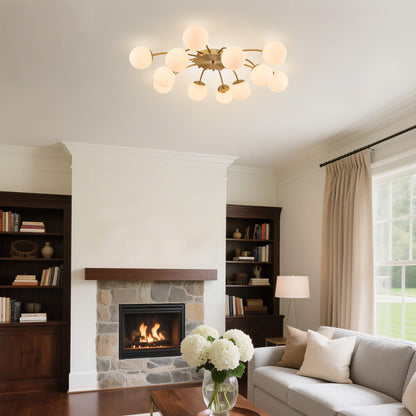 12-Light frosted bubble gold globe ceiling light in bright living room with large windows.