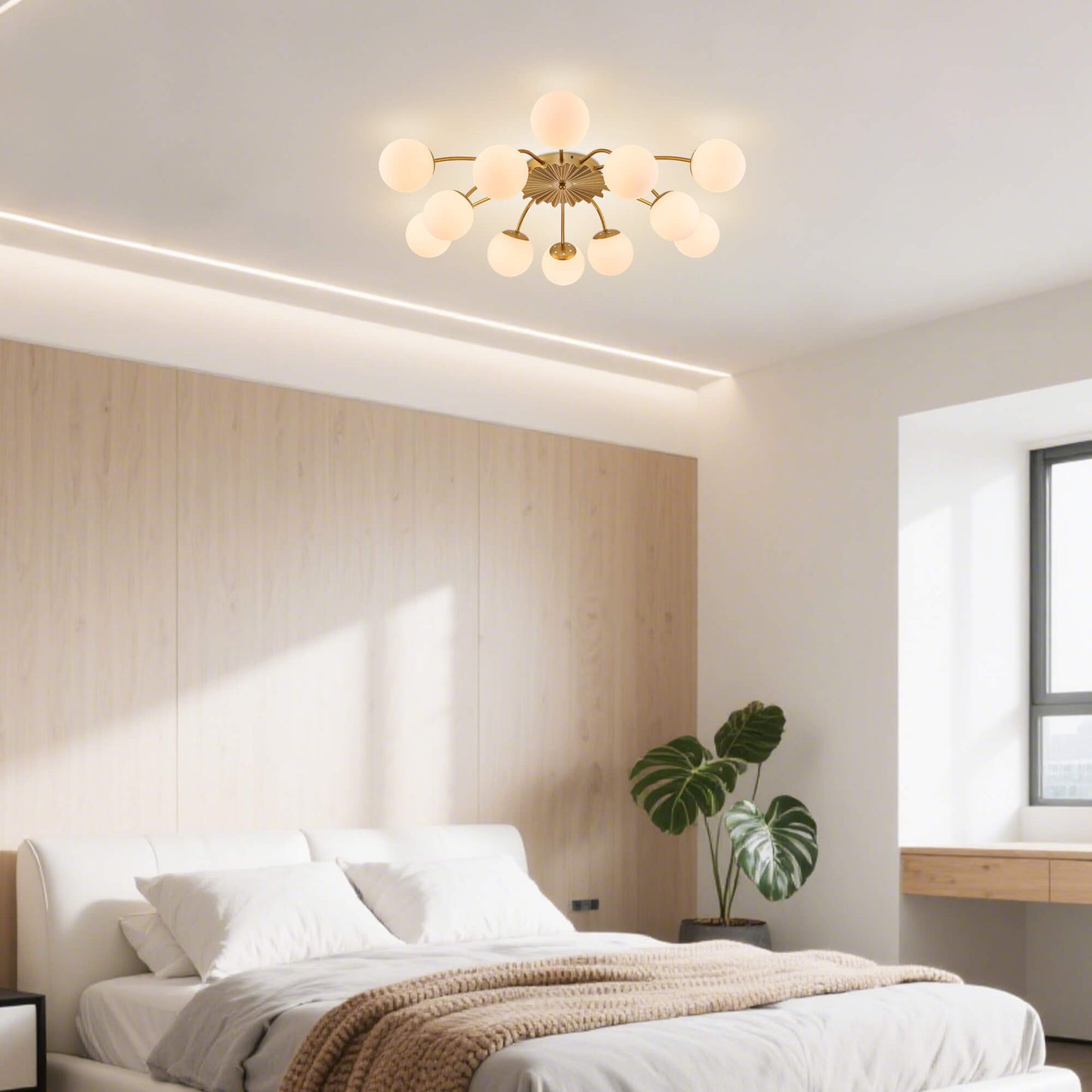 12-Light gold globe semi-flush mount ceiling light in modern minimalist bedroom.