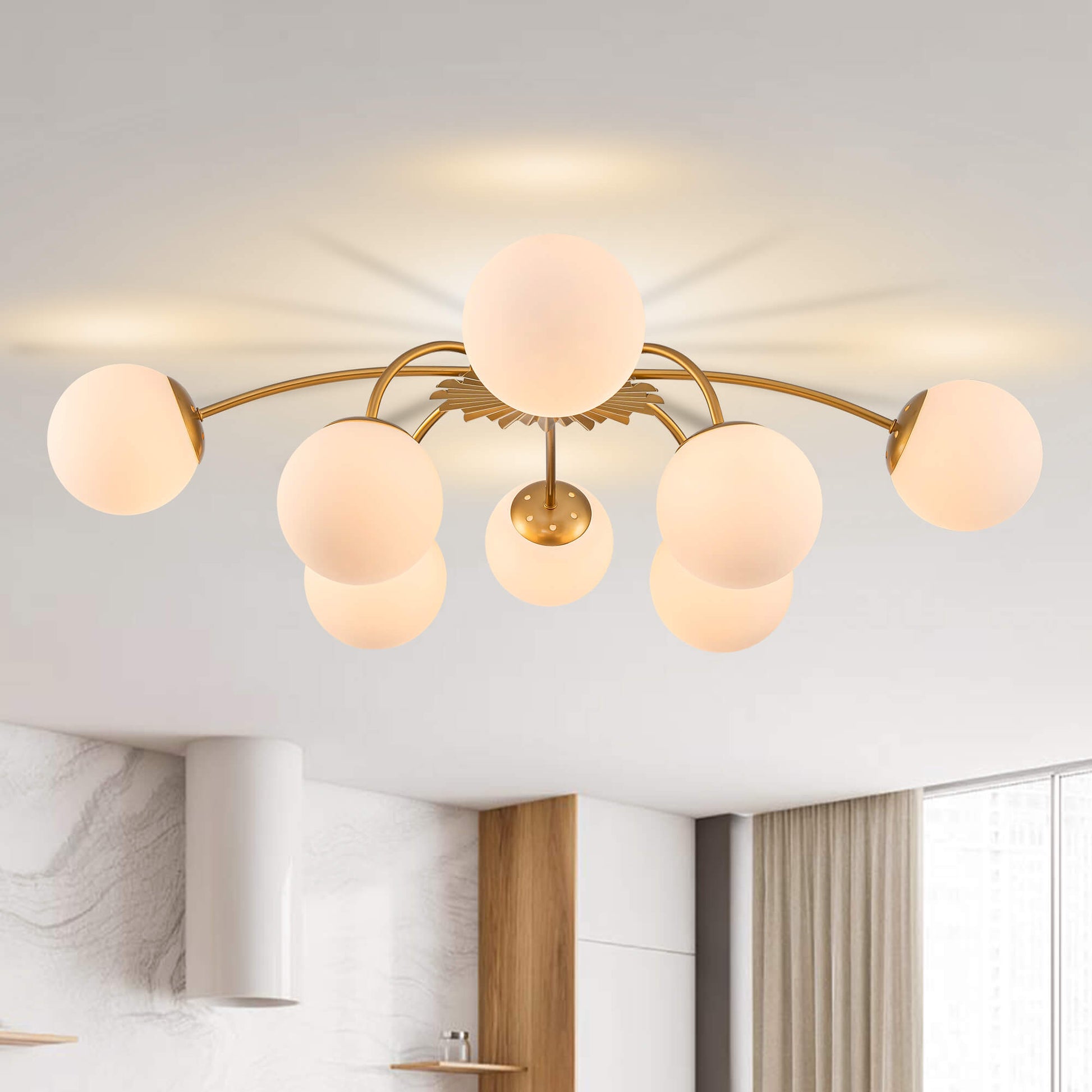 Modern 8-light frosted bubble gold globe semi-flush mount ceiling light.