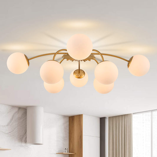 Modern 8-light frosted bubble gold globe semi-flush mount ceiling light.