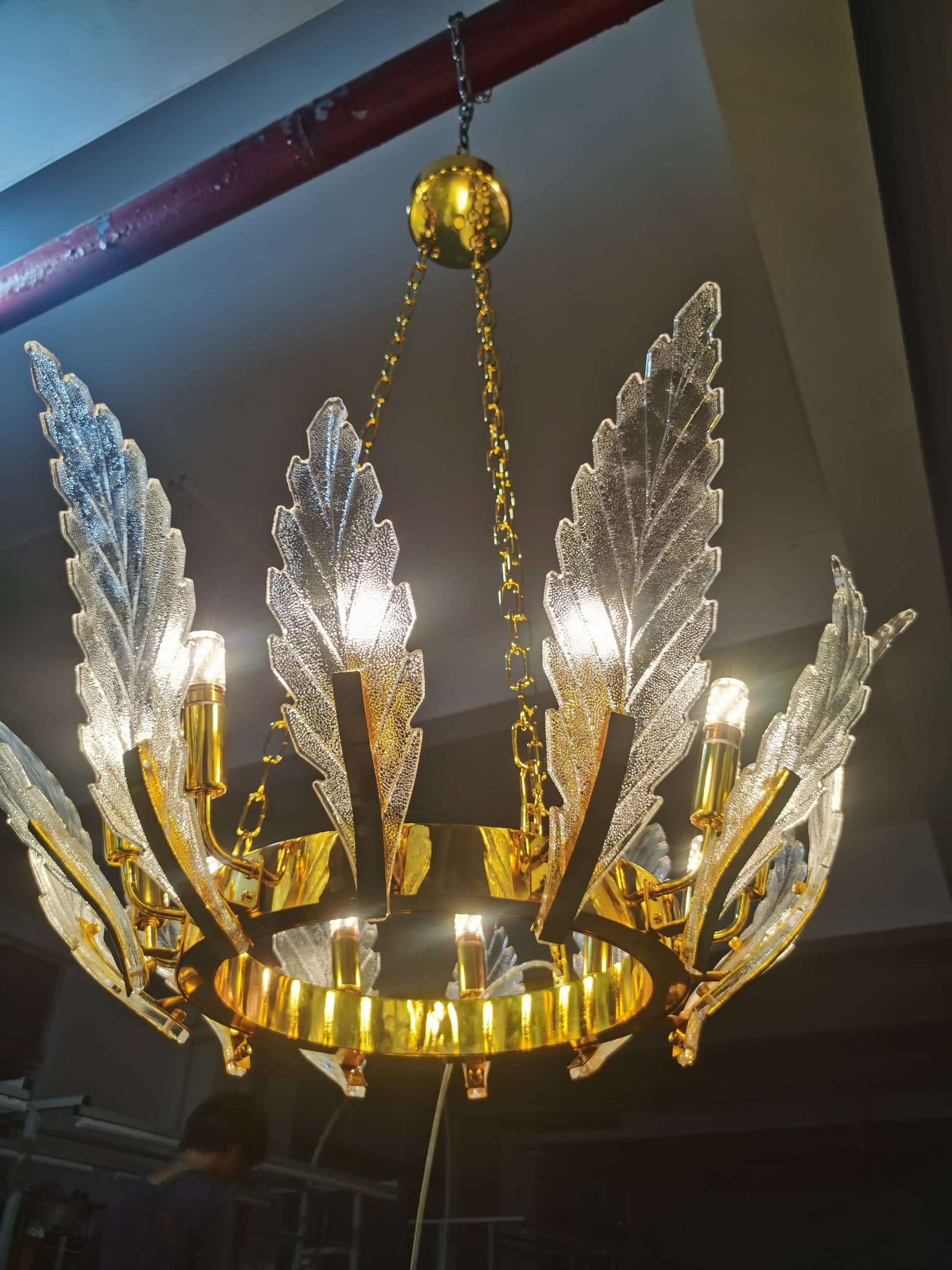 Luxury Glass Leaf Chandelier Gold Frame