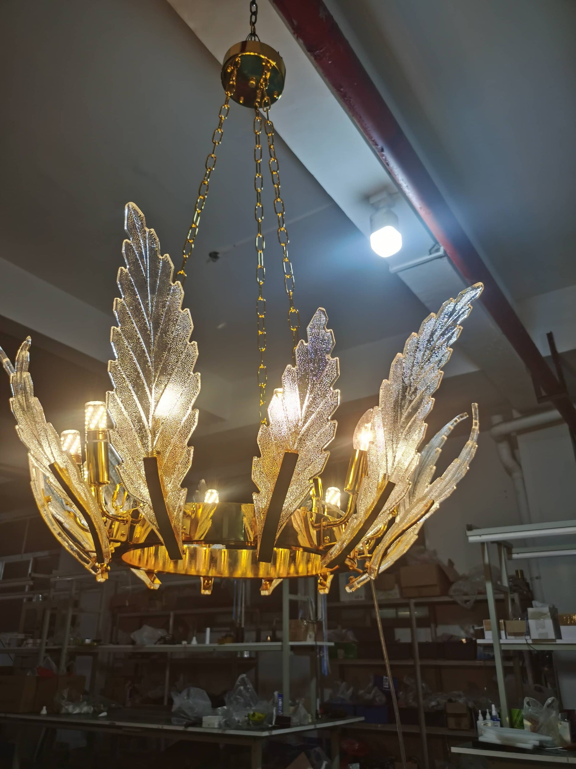 Luxury Glass Leaf Chandelier Gold Frame