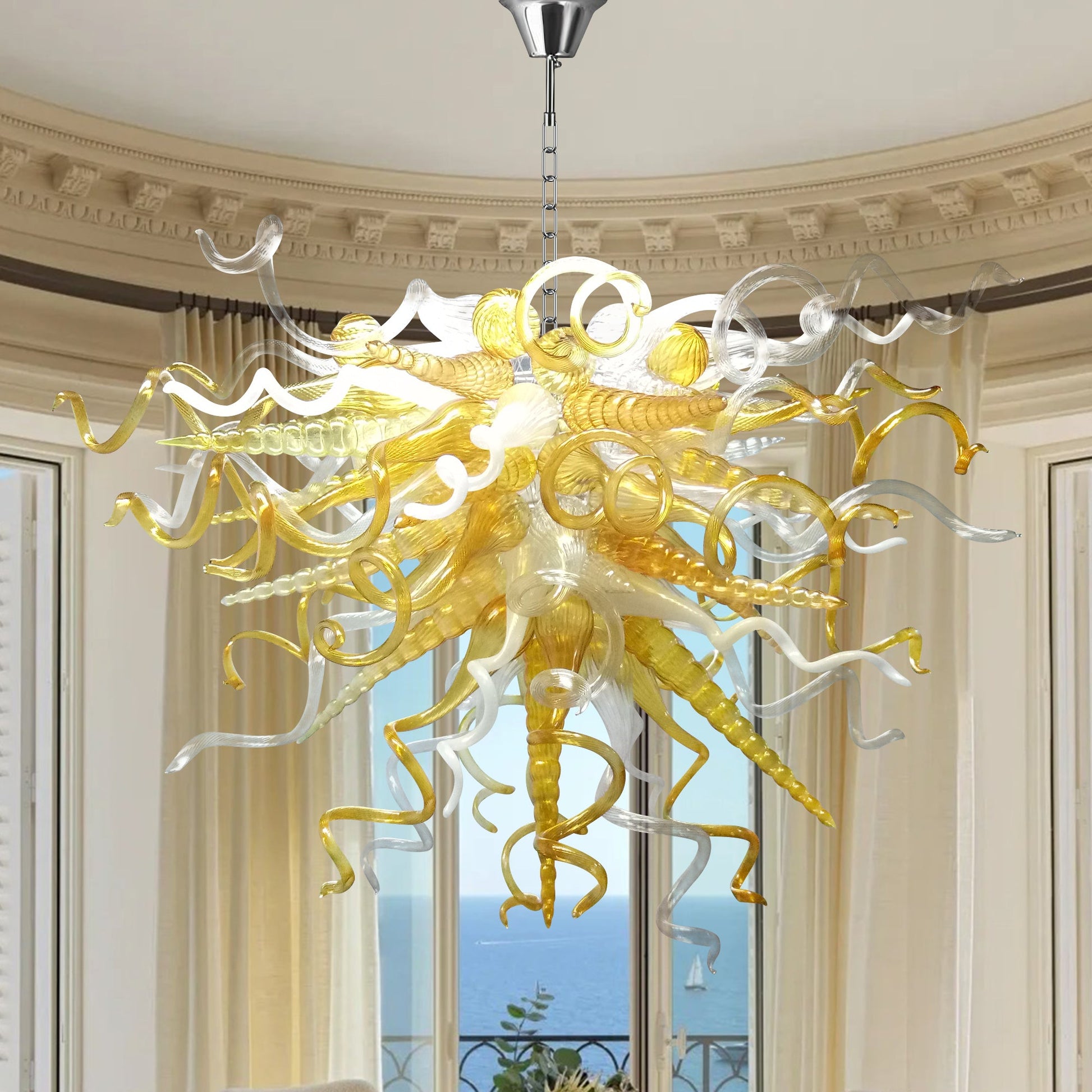 Chihuly-style amber hand blown murano glass chandelier in a formal living or dining room with high ceilings.