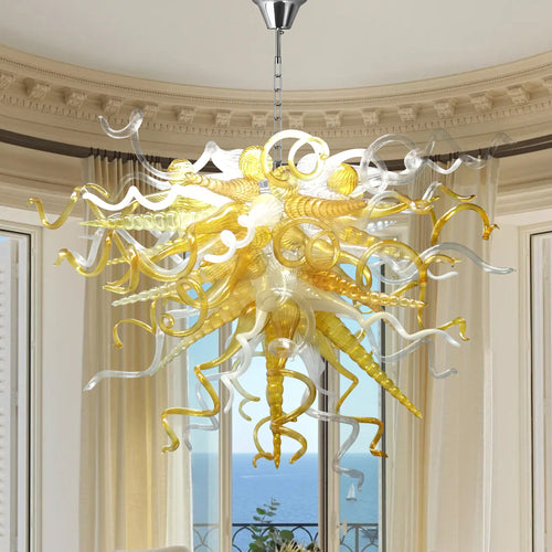 Chihuly-style amber hand blown murano glass chandelier in a formal living or dining room with high ceilings.
