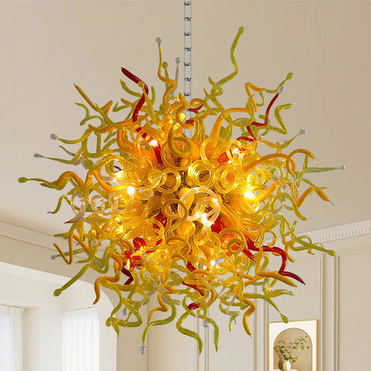 Oversized Chihuly style blown murano glass chandelier in golden, yellow and red.