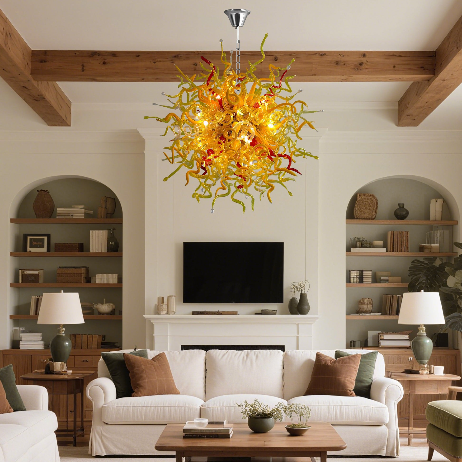 Chihuly-style blown murano glass chandelier in a cozy living room.