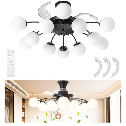Modern 12-Light Black Globe Chandelier Fan with Remote