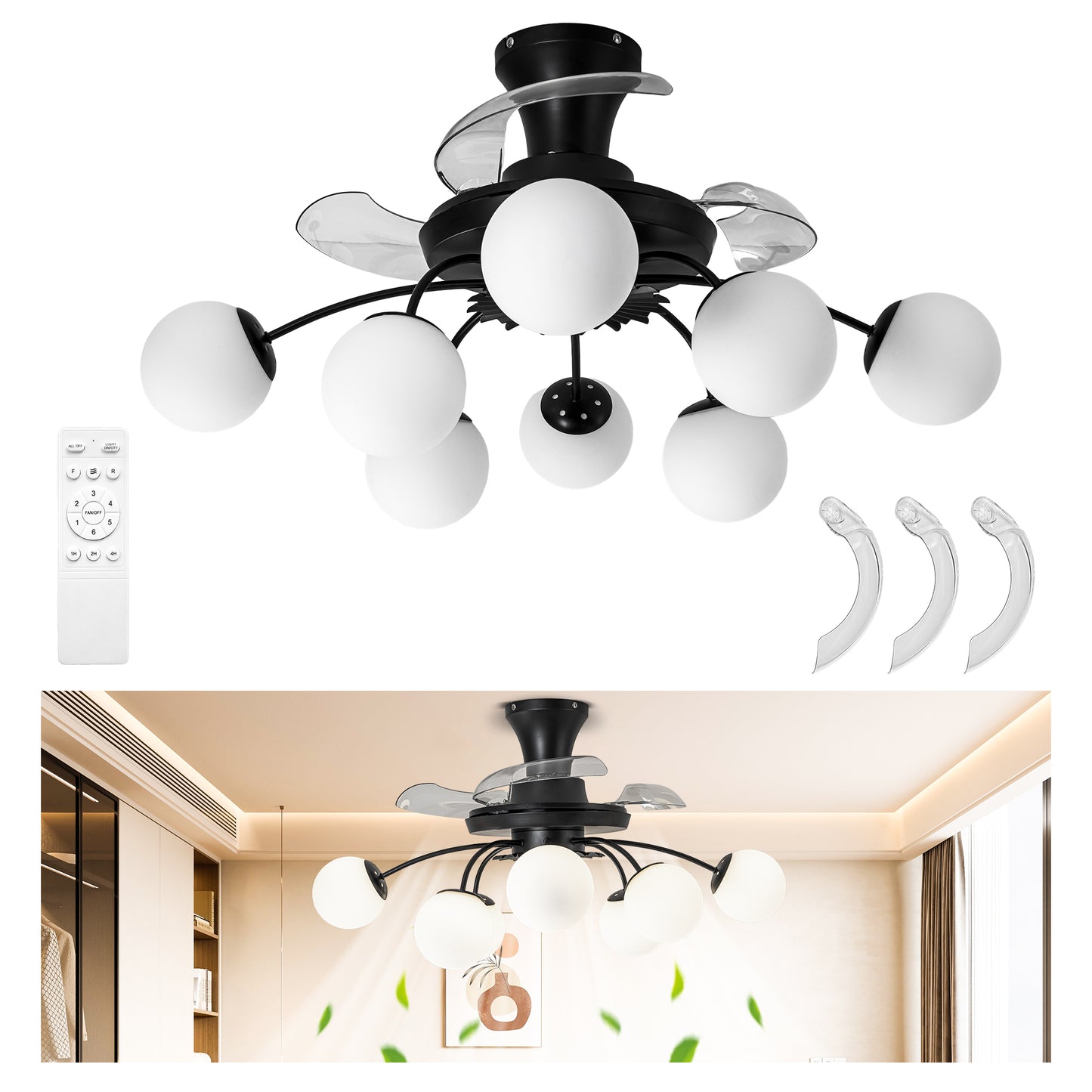 Modern Black Chandelier Fan with 8 Globe Lights & Remote