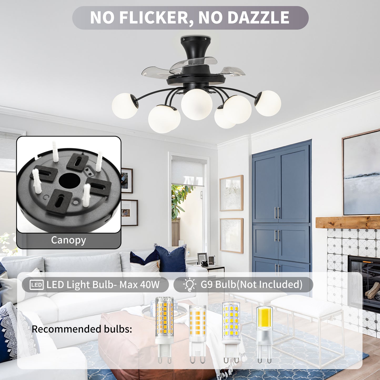 Modern Black Chandelier Fan with 8 Globe Lights & Remote