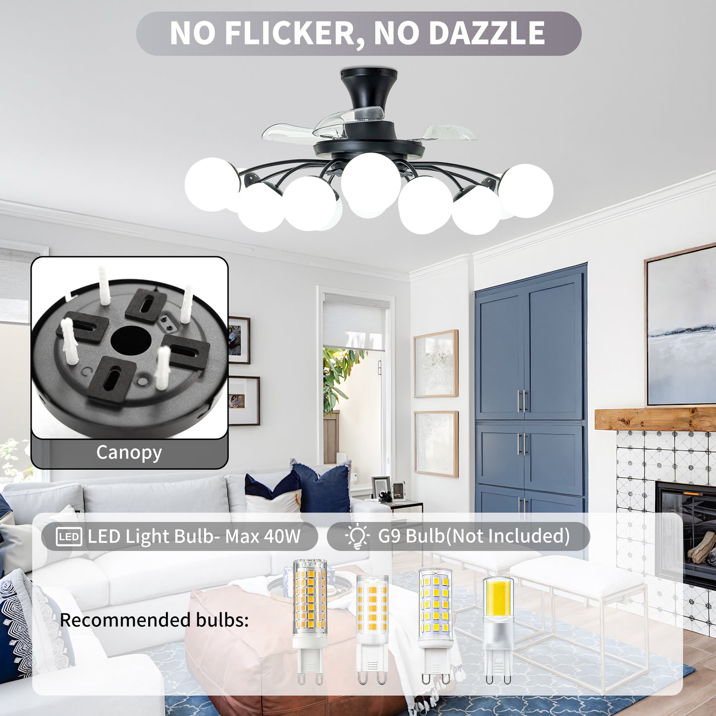Modern 12-Light Black Globe Chandelier Fan with Remote