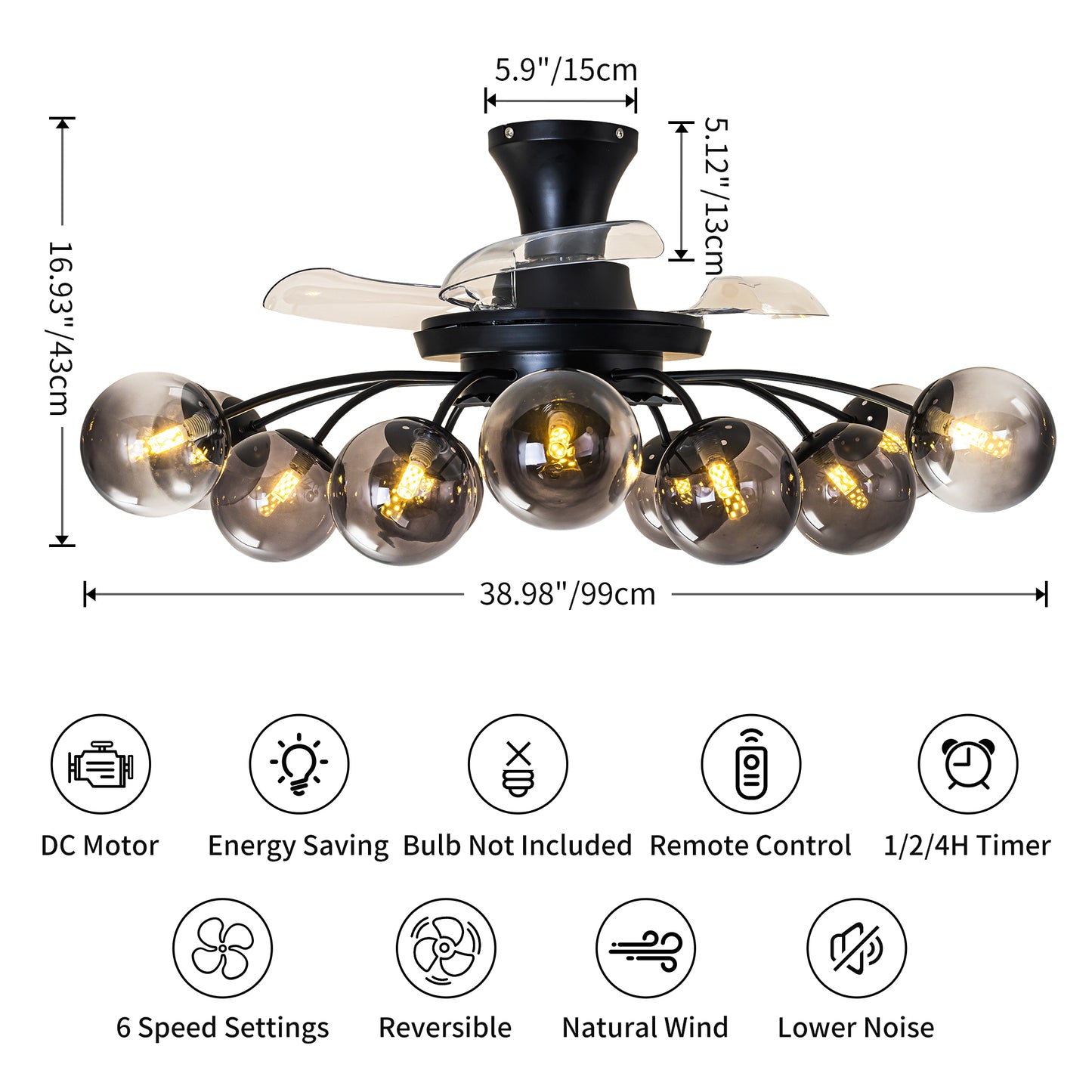 Black Smoke Glass 12-Light Retractable Ceiling Fan with Remote