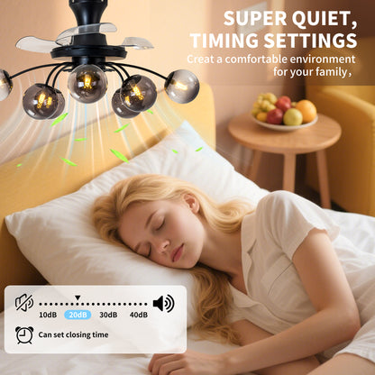 Modern Smoke Gray Glass Retractable Ceiling Fan with Lights, 8-Light Flush Mount Fan with Remote