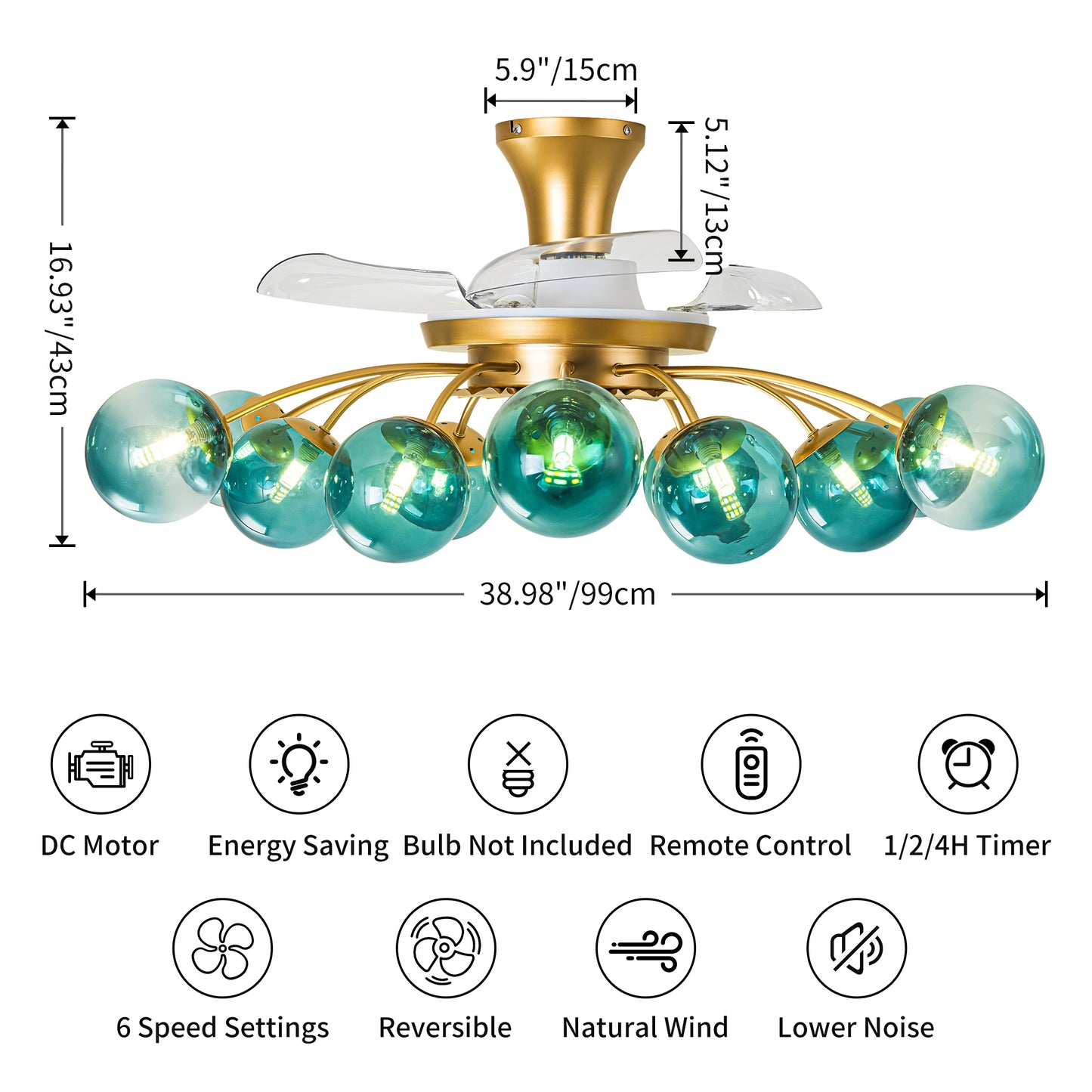 Modern Gold Retractable Ceiling Fan with Blue Glass Globes, 8-Light / 12-Light Flush Mount Fan with Remote