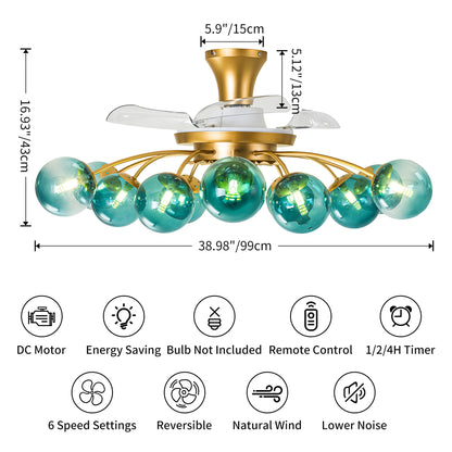 Modern Gold Retractable Ceiling Fan with Blue Glass Globes, 8-Light / 12-Light Flush Mount Fan with Remote