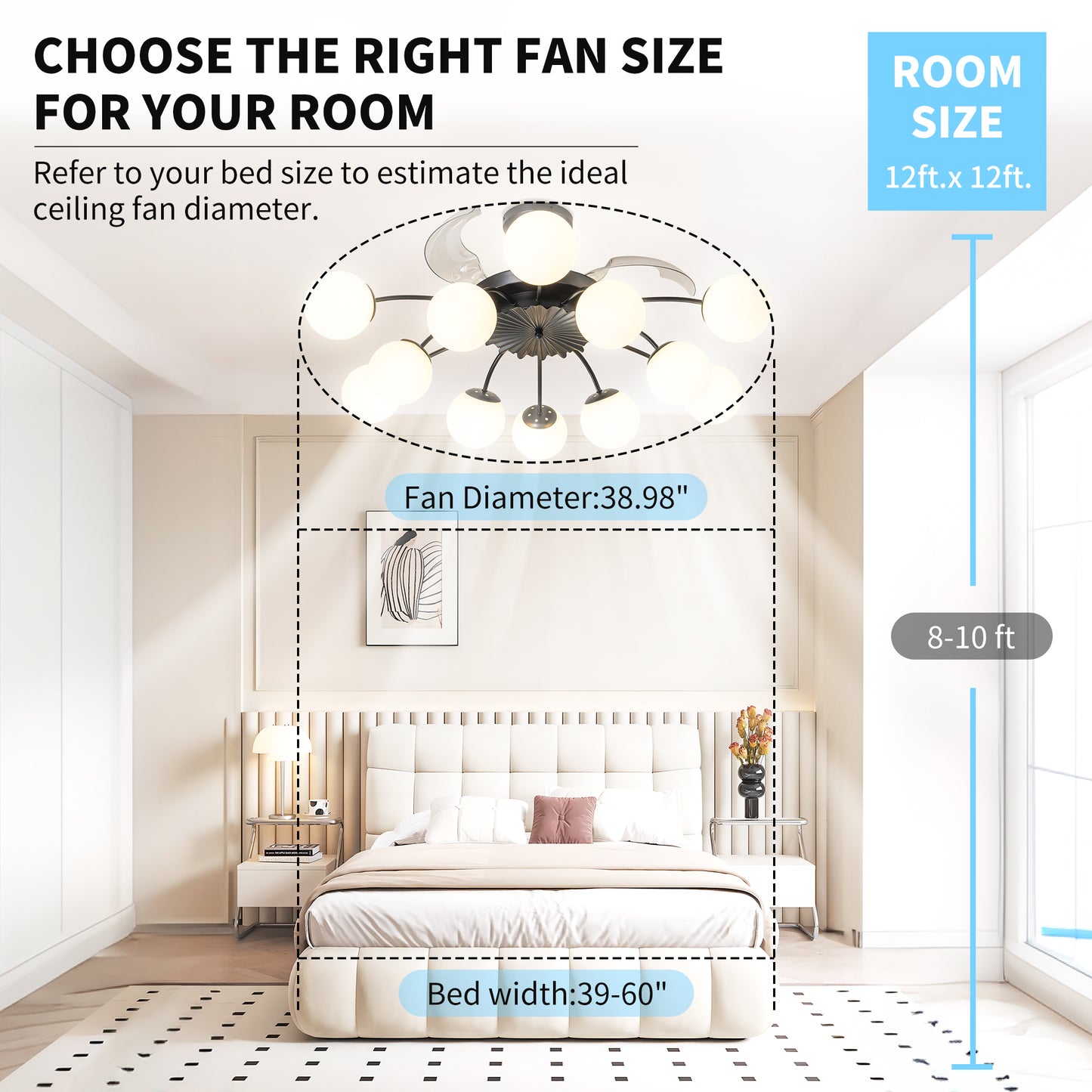 Modern 12-Light Black Globe Chandelier Fan with Remote