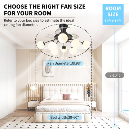 Modern Black Chandelier Fan with 8 Globe Lights & Remote