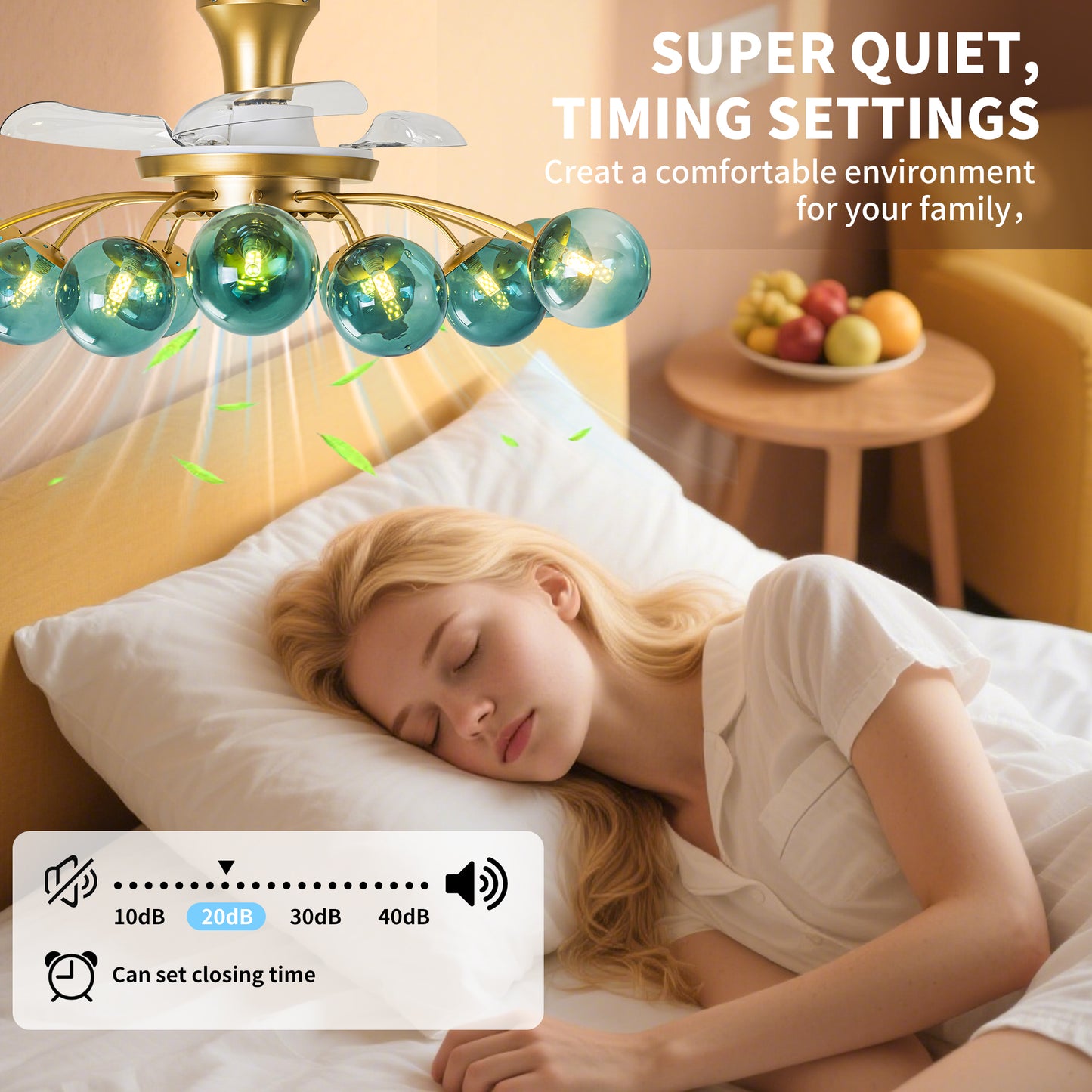 Modern Gold Retractable Ceiling Fan with Blue Glass Globes, 8-Light / 12-Light Flush Mount Fan with Remote