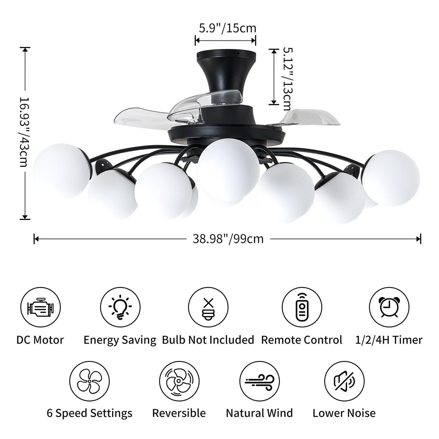 Modern 12-Light Black Globe Chandelier Fan with Remote