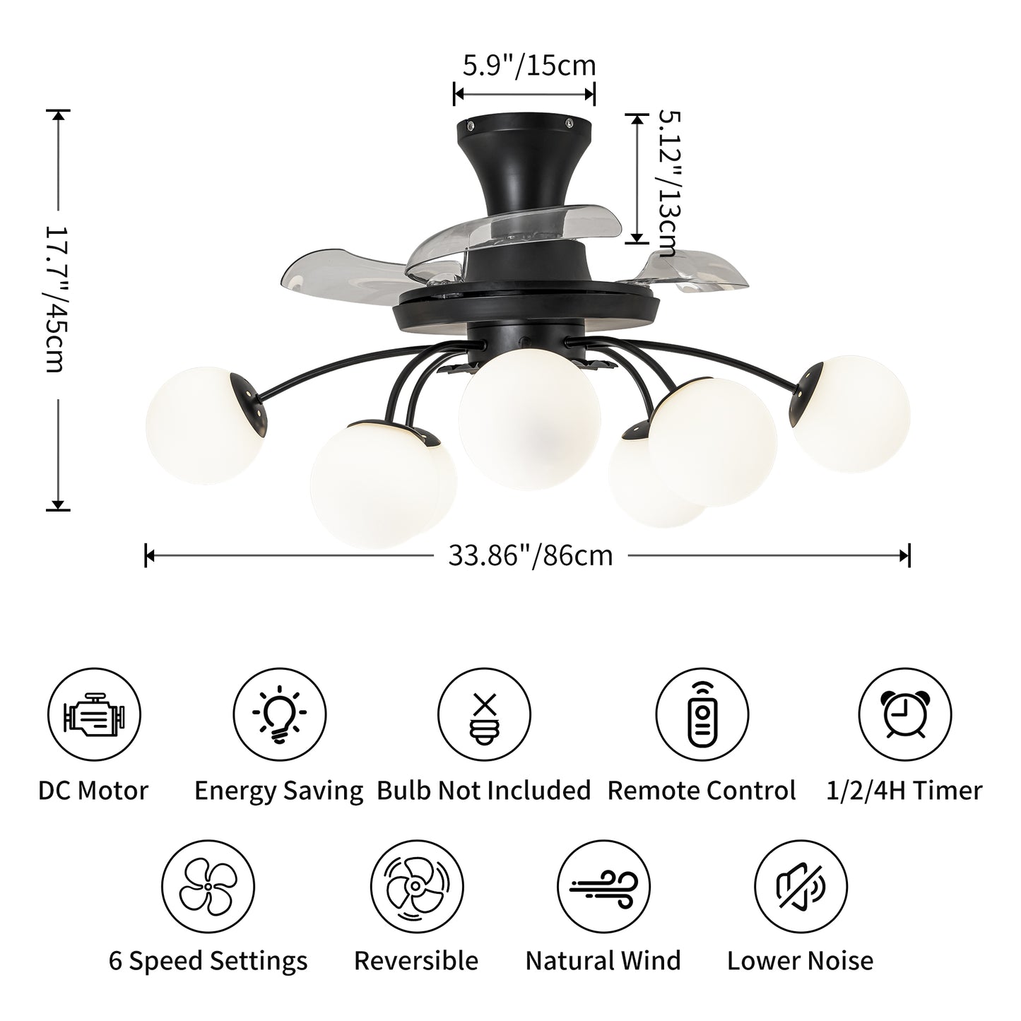 Modern Black Chandelier Fan with 8 Globe Lights & Remote