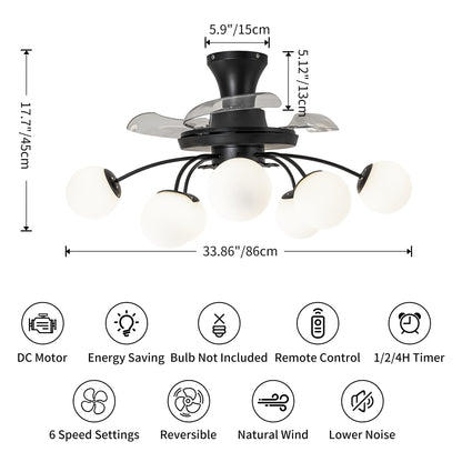 Modern Black Chandelier Fan with 8 Globe Lights & Remote