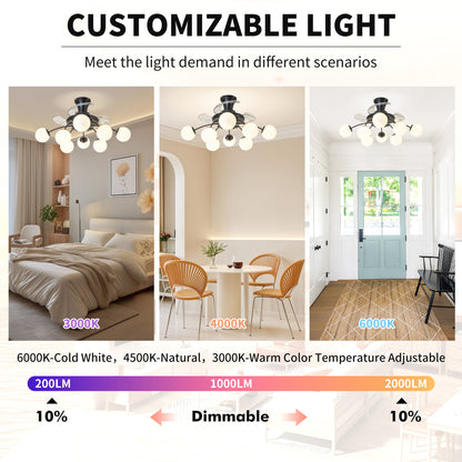 Modern Black Chandelier Fan with 8 Globe Lights & Remote