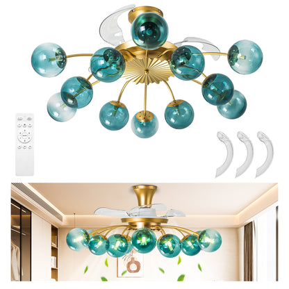 Modern Gold Retractable Ceiling Fan with Blue Glass Globes, 8-Light / 12-Light Flush Mount Fan with Remote