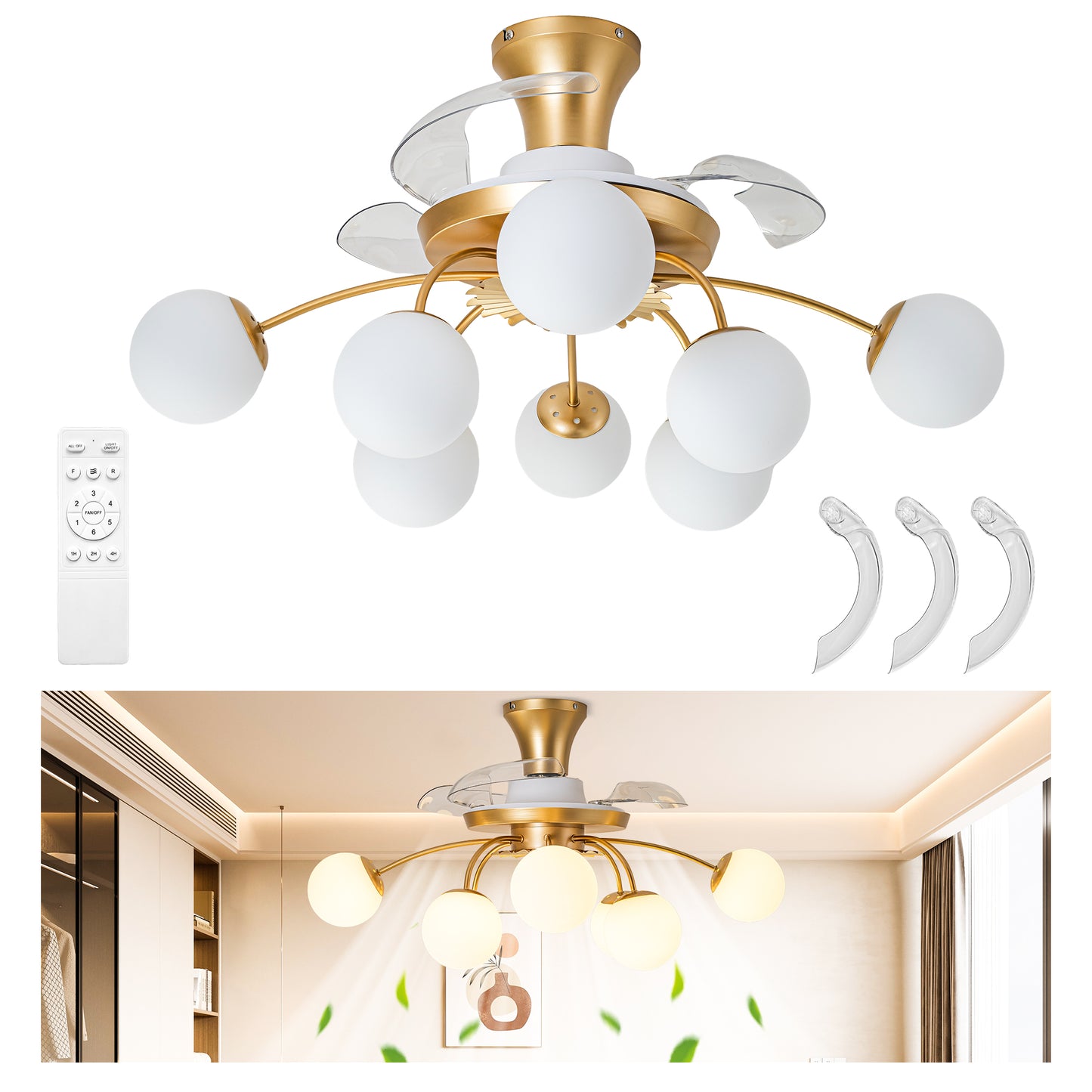 Modern Gold Retractable Ceiling Fan with Lights, 8-Light Flush Mount Fan with Remote