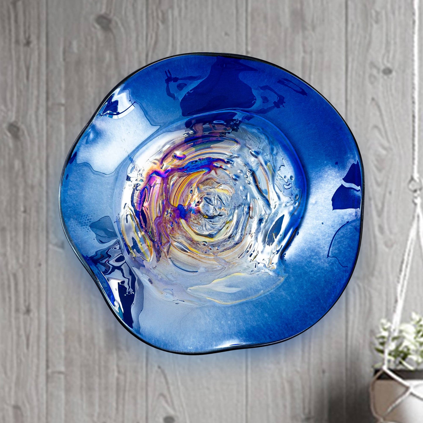 Blown Murano Glass Wall Plates Deep Blue Iridescent Center D12inches
